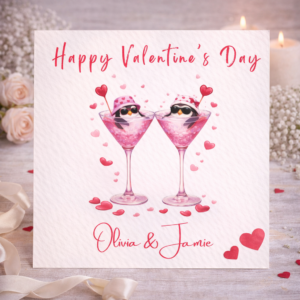 Valentine’s Day Gift Card With Cute Penguins, Personalised Couple Card, Romantic Illustration Love Gift