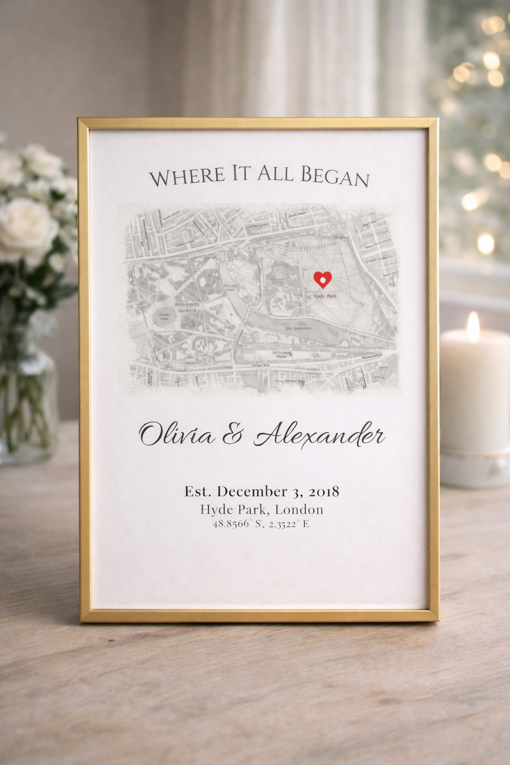 Where It All Began Map Print, Personalised Couple Location Wall Art, Romantic Gift