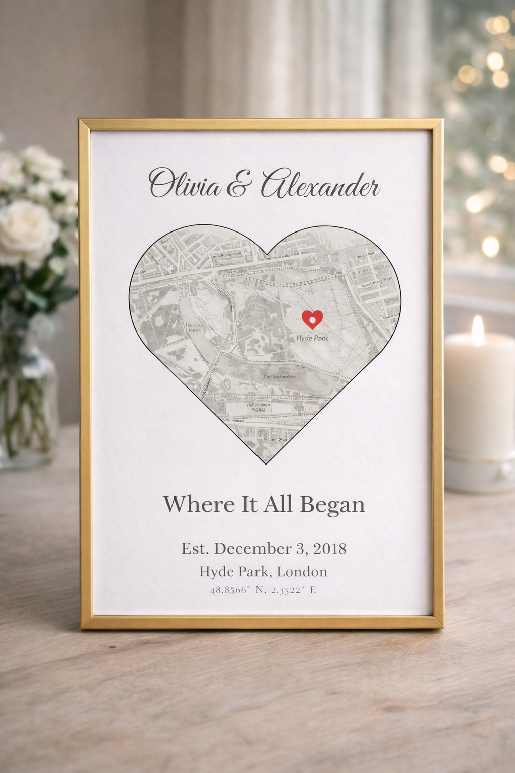 Personalised Heart Shaped Map Print, Custom Location Artwork for Couples, Meaningful Gift