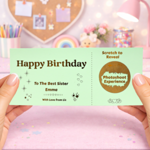Personalised Birthday Scratch Card Gift for Sister, Photoshoot Experience Reveal, Custom Surprise Birthday Gift Voucher Card