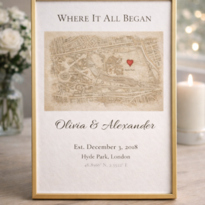 Vintage Style Couple Map Print, Personalised First Meeting Location Artwork, Sentimental Gift