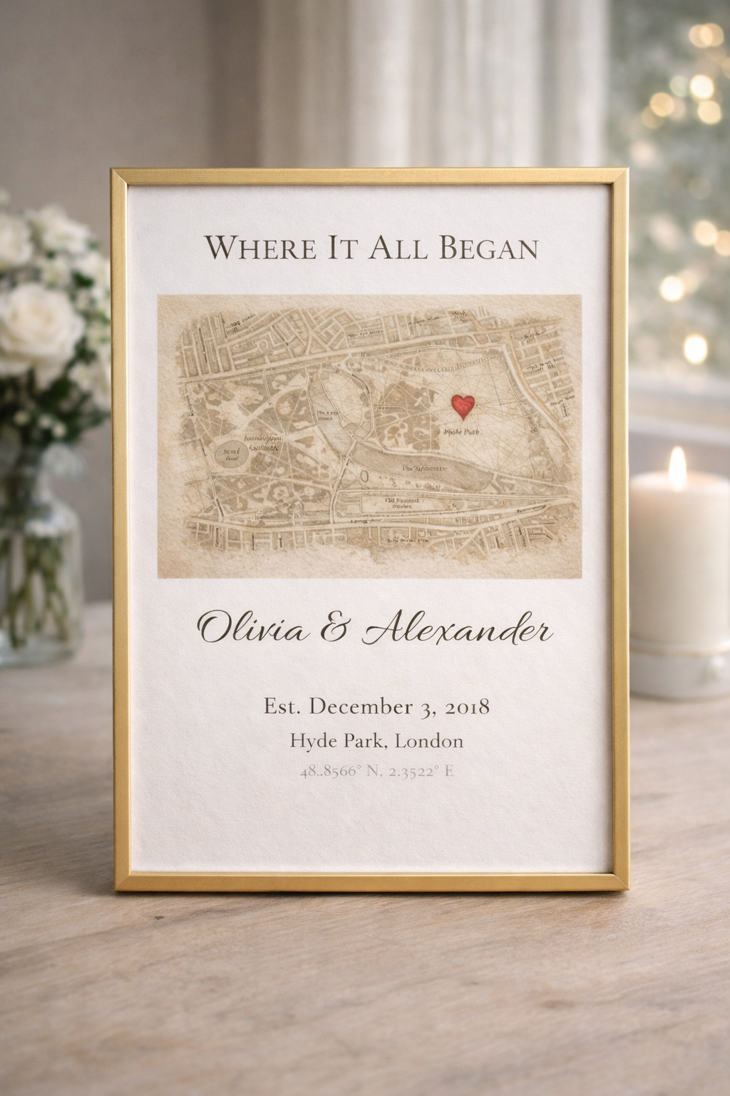 Vintage Style Couple Map Print, Personalised First Meeting Location Artwork, Sentimental Gift
