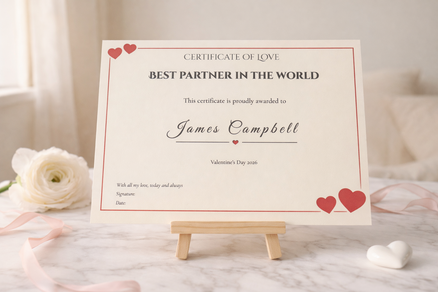 Best Partner Certificate of Love, Personalised Valentine’s Day Certificate, Romantic Keepsake Gift