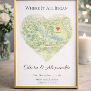 Watercolour Heart Map Print for Couples, Personalised Location Artwork, Soft Romantic Gift