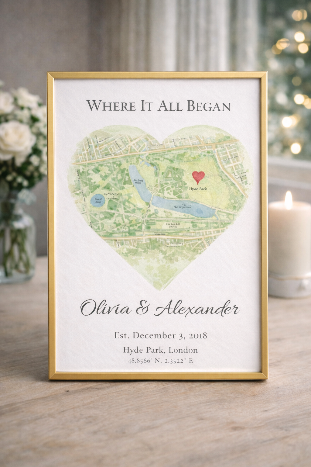 Watercolour Heart Map Print for Couples, Personalised Location Artwork, Soft Romantic Gift