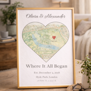 Personalised Heart Map Artwork for Couples, Custom First Date Location Print, Elegant Gift