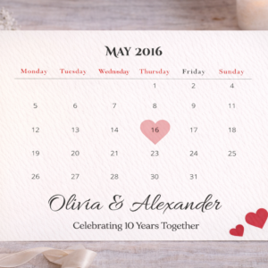 Personalised Anniversary Calendar Print with Heart Date, Custom Couples Keepsake Gift, Elegant Romantic Wall Art