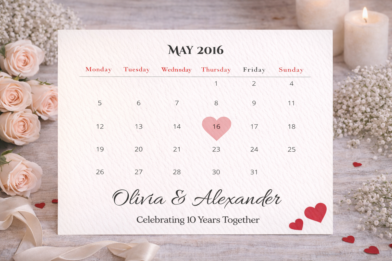 Personalised Anniversary Calendar Print with Heart Date, Custom Couples Keepsake Gift, Elegant Romantic Wall Art