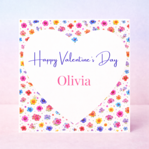 Valentine’s Day Gift Colourful Floral Heart Card Personalised Name Bright Romantic Love Card Whimsical Valentine Design