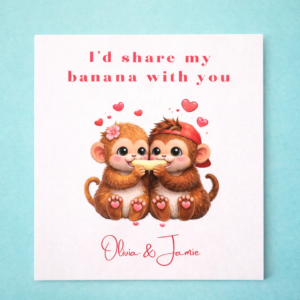 Valentine’s Day Gift Cute Monkey Couple Card Funny Romantic Quote Personalised Names Sweet Love Gift for Him or Her