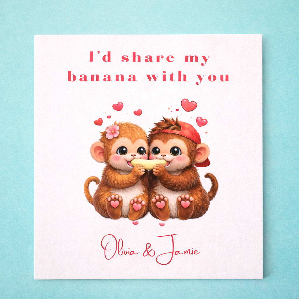 Valentineās Day Gift Cute Monkey Couple Card Funny Romantic Quote Personalised Names Sweet Love Gift for Him or Her