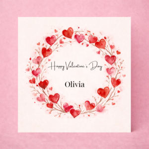 Valentine’s Day Gift Watercolour Heart Wreath Card Personalised Name Romantic Floral Love Card Elegant Valentine Design