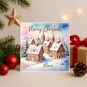 Gingerbread Village Christmas Card | Personalised Name Card | Cozy Winter Scene | Professionally Printed