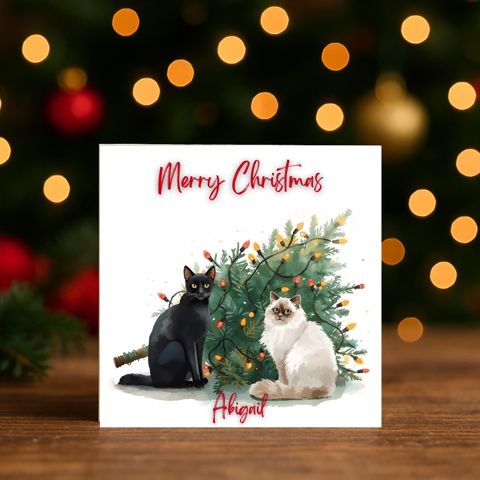 Festive Feline Duo | Holiday Lights Scene with Two Pets | Personalized Winter Greeting