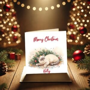 Winter Cozy Cat Illustration | Festive Pine Lights Scene | Personalized Seasonal Greeting | Christmas Card