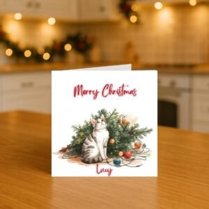 Christmas Card | Festive Cat Illustration with Ornaments | Personalized Winter Greeting