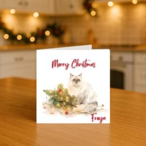 Personalized Christmas Card | Fluffy Winter Cat, Pine Branch