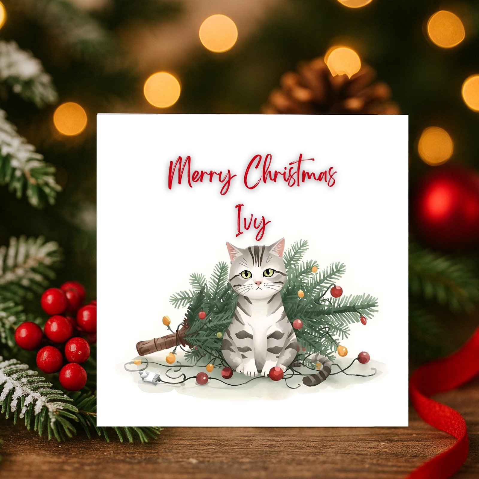 Personalized Tabby Cat Christmas Card | Festive Holiday Illustration
