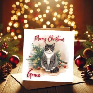 Personalized Cat Christmas Card, Illustrated Festive Lights, Linen Cardstock