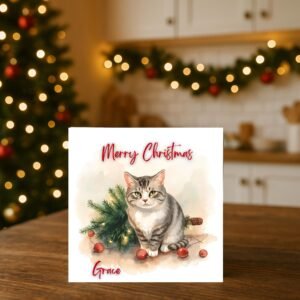 Personalised Christmas Card with Cat Illustration and Warm Holiday Lights, Unique Winter Greeting for Pet Lovers Heartfelt Seasonal Gifting
