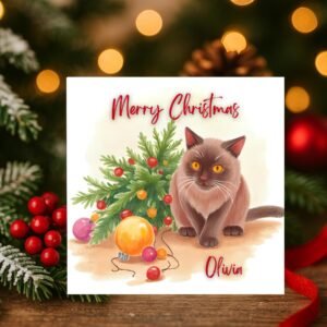 Personalised Christmas Card with Festive Cat Illustration, Warm Holiday Lights and Joyful Winter Theme, Seasonal Gift for Pet Lovers