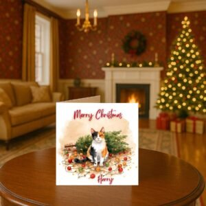 Personalised Pet Portrait Christmas Card with Festive Lights, Custom Cat Illustration and Holiday Tree Art for Heartwarming Seasonal Gifting