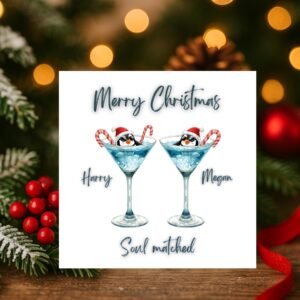 Christmas Card for Couples Soul Matched Penguins in Festive Glasses, Romantic Holiday for Him or Her, Personalized Seasonal Greeting