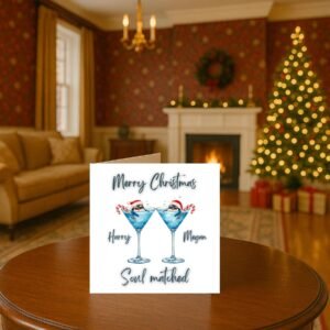 Elegant Penguin Cocktail Christmas Card for Couples Soulmate Celebration Holiday Personalised Festive Greeting