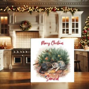 Personalised Festive Cat Christmas Card With Two Cozy Kittens Under The Tree, Custom Name Holiday Keepsake Gift For Family And Friends