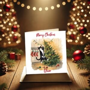 Playful Tuxedo Kitty By Festive Tree Personalised Christmas Card For Pet Lovers Charming Holiday Message And Seasonal Gift