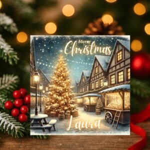 Vintage Winter Village Scene Christmas Card With Snowy Lights, Personalized Holiday Art Print, Cozy Festive Street Illustration