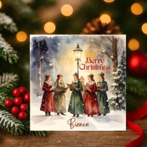 Vintage Carolers Under Winter Lantern Christmas Card With Personalised Name, Holiday Village Scene Gift, Snowy Christmas Market Style Art