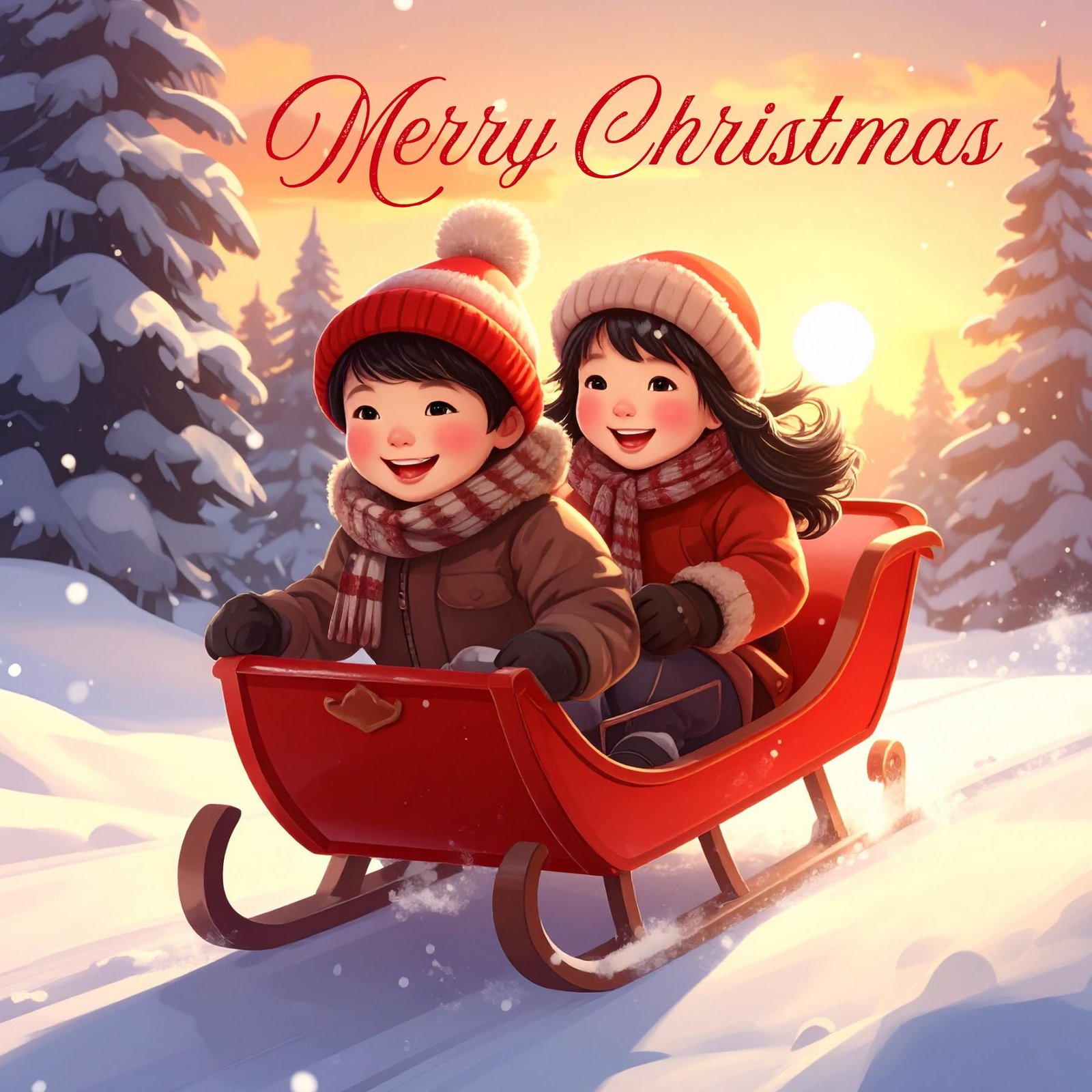 Magical Christmas Sledding Card for Kids, Festive Winter Scene, Holiday Greeting, Cozy Seasonal Gift for Families and Friends