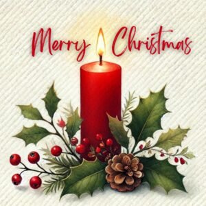 Personalized Christmas Candle Art Card: Holly, Pinecone Illustration