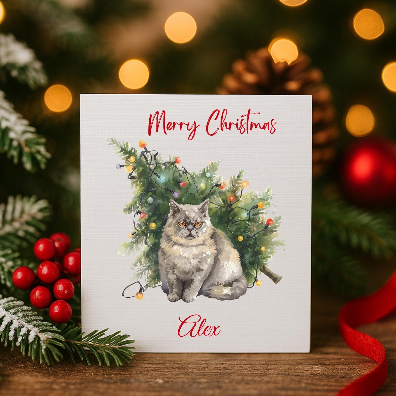 Luxury Cat Christmas Card – Pet Greeting Card with Tree Lights & Name Personalisation