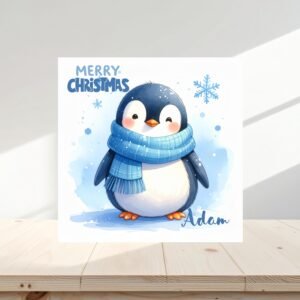 Personalized Penguin Christmas Card, Elegant Watercolor Illustration