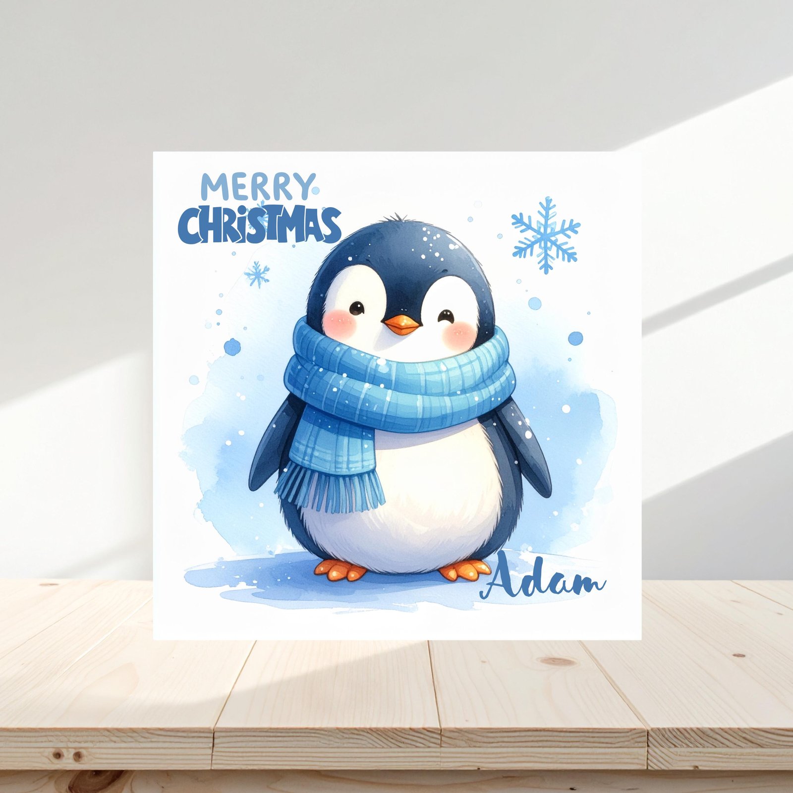 Personalized Penguin Christmas Card, Elegant Watercolor Illustration