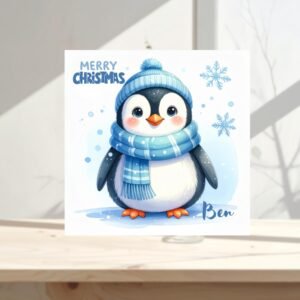 Personalized Winter Penguin Christmas Card, Blue Scarf Illustration