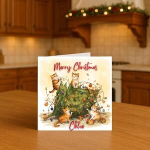 Funny Christmas Card | Playful Kittens with Christmas Tree | Personalized Holiday Cards for Cat Lovers