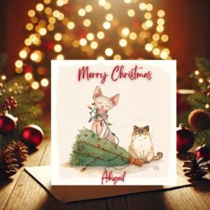 Playful Holiday Kittens | Festive Tree Lights Scene | Personalized Winter Greeting for Pet Lovers