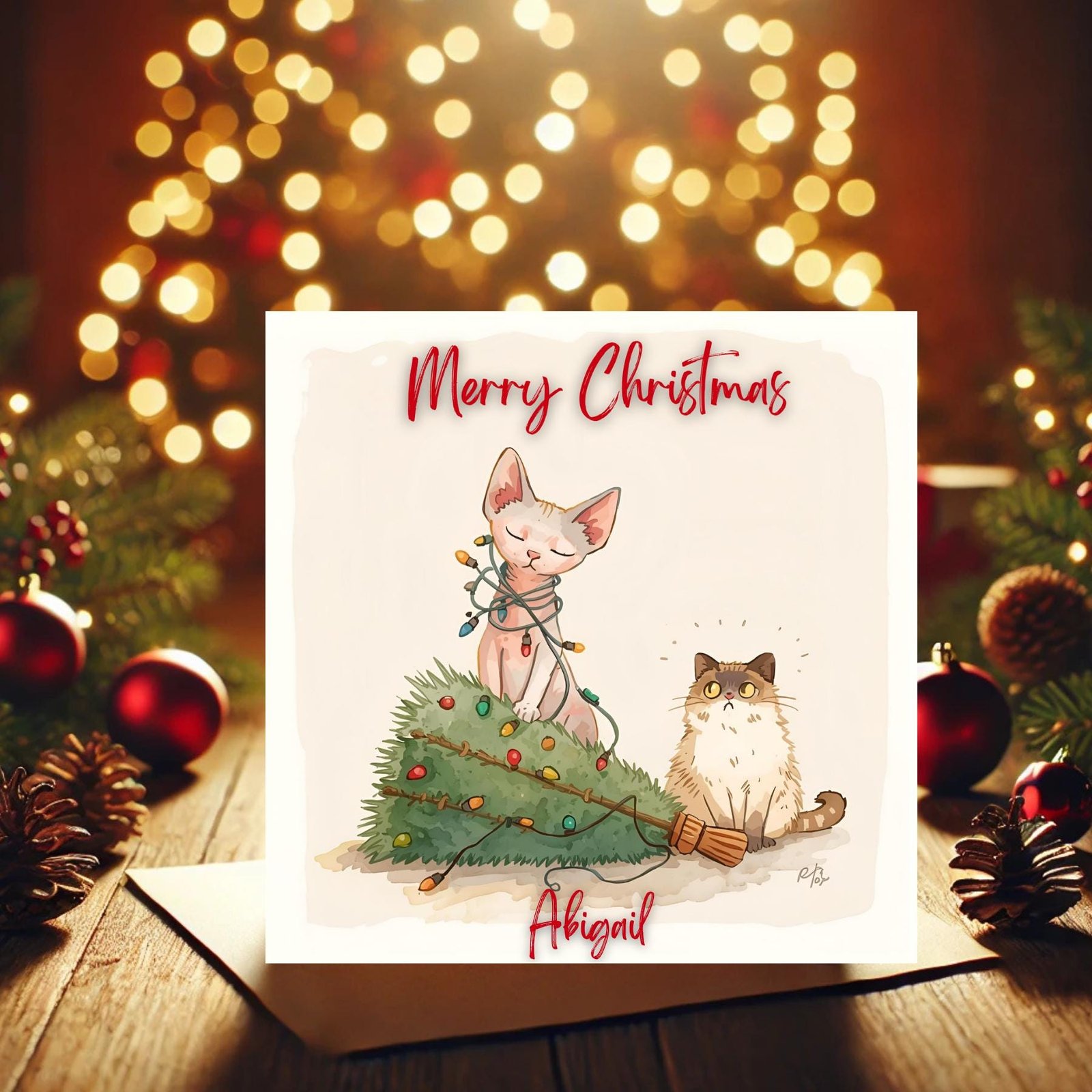 Playful Holiday Kittens | Festive Tree Lights Scene | Personalized Winter Greeting for Pet Lovers