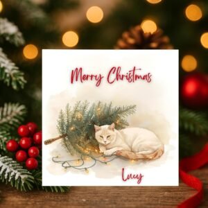 Christmas Card | Cozy Winter Cat Illustration with Festive Pine Branch, Warm Lights, Personalized Holiday Greeting for Pet Lovers