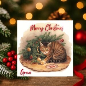 Personalized Tabby Cat Christmas Card | Festive Holiday Illustration