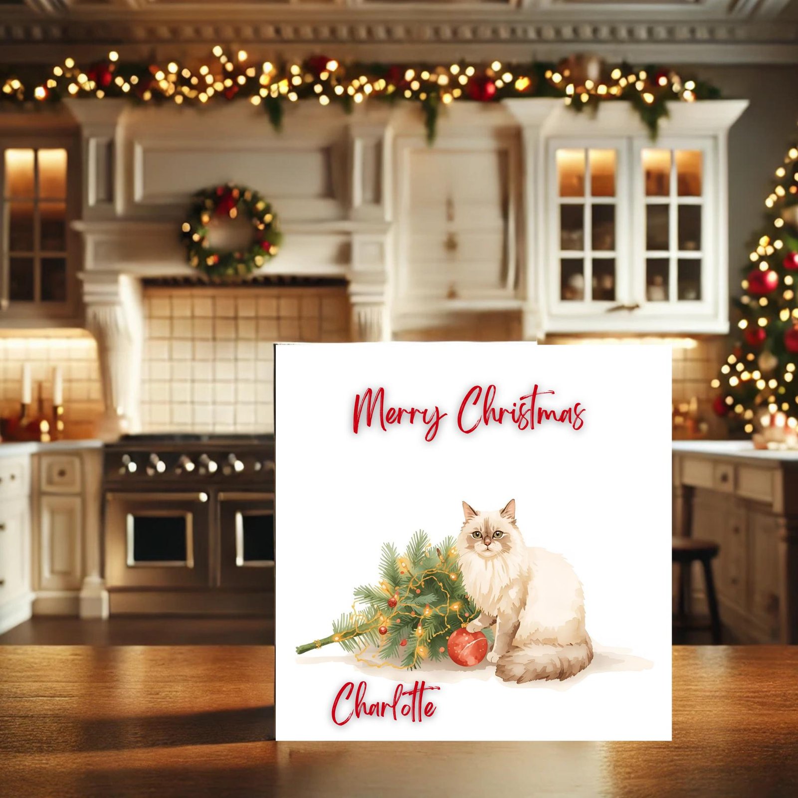 Personalised Christmas Card with Cat Illustration and Festive Holiday Lights Unique Winter Greeting for Seasonal Gifts and Warm Celebrations