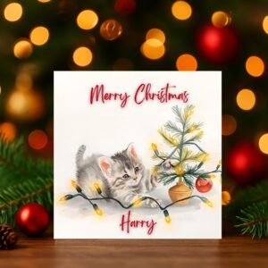 Personalised Christmas Card with Playful Kitten Illustration, Festive Lights and Mini Tree, Cat Lovers Winter Magic