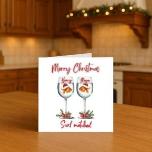 Personalised Christmas Card with Festive Goldfish Couple in Holiday Wine Glasses, Romantic Winter Keepsake for Partners and Soulmates