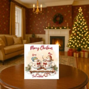 Magical Winter Love Scene Christmas Card with Cozy Snowman Couple Sharing Hot Cocoa, Romantic Gift for Soulmates