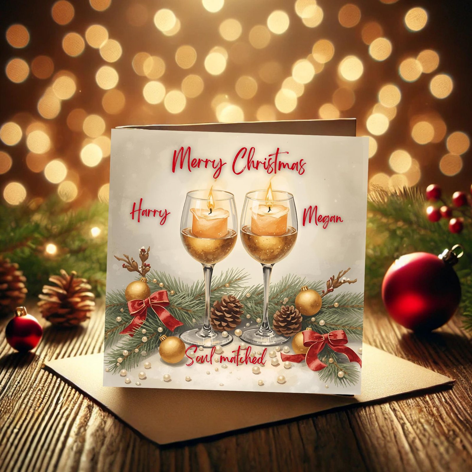 Romantic Christmas Card for Couples with Golden Candle Glasses, Festive Holiday Lights, Pinecones and Winter Magic Personalized Gift