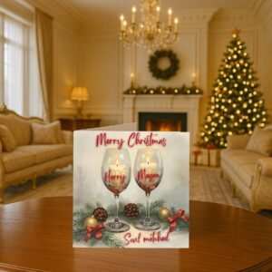 Romantic Holiday Wine Glass Candle Christmas Cards Custom Names, Festive Couples Keepsake, Soulmate Gift for Holidays Christmas Card