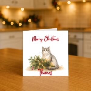 Personalised Cat Christmas Gift Card festive winter scene, cosy holiday unique pet lover gift, warm seasonal greetings